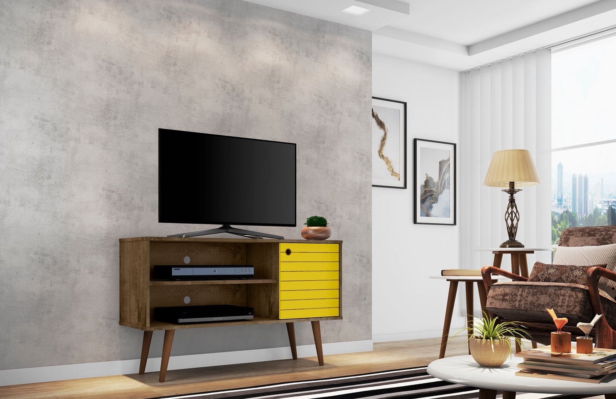 the mid century tv stand in yellow and walnut