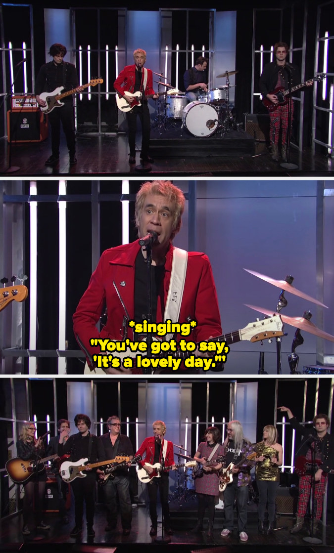 Top: Fred Armisen, Bill Hader, Jason Sudekis, and Taran Killam play as a band in &quot;Saturday Night Live&quot; Middle: Fred Armisen as Ian Rubbish sings in &quot;Saturday Night Live&quot; Bottom: Musicians join the stage in &quot;Saturday Night Live&quot;