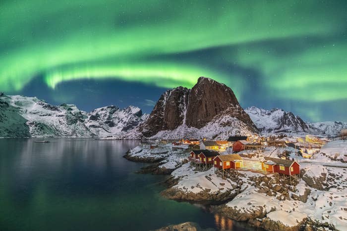 Northern lights above a fishing town