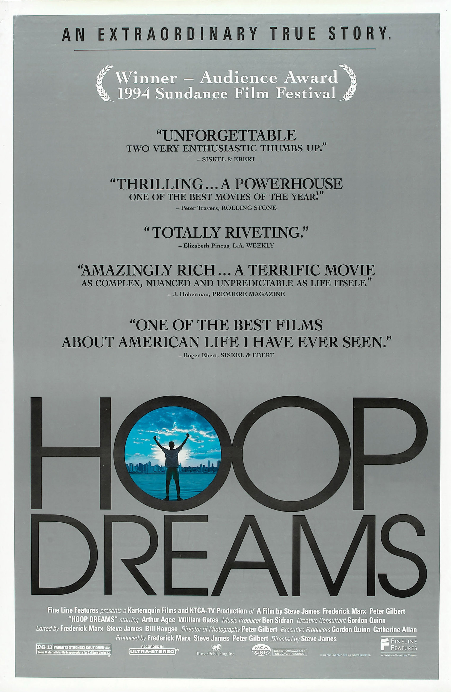 A grey movie poster for Hoop Dreams