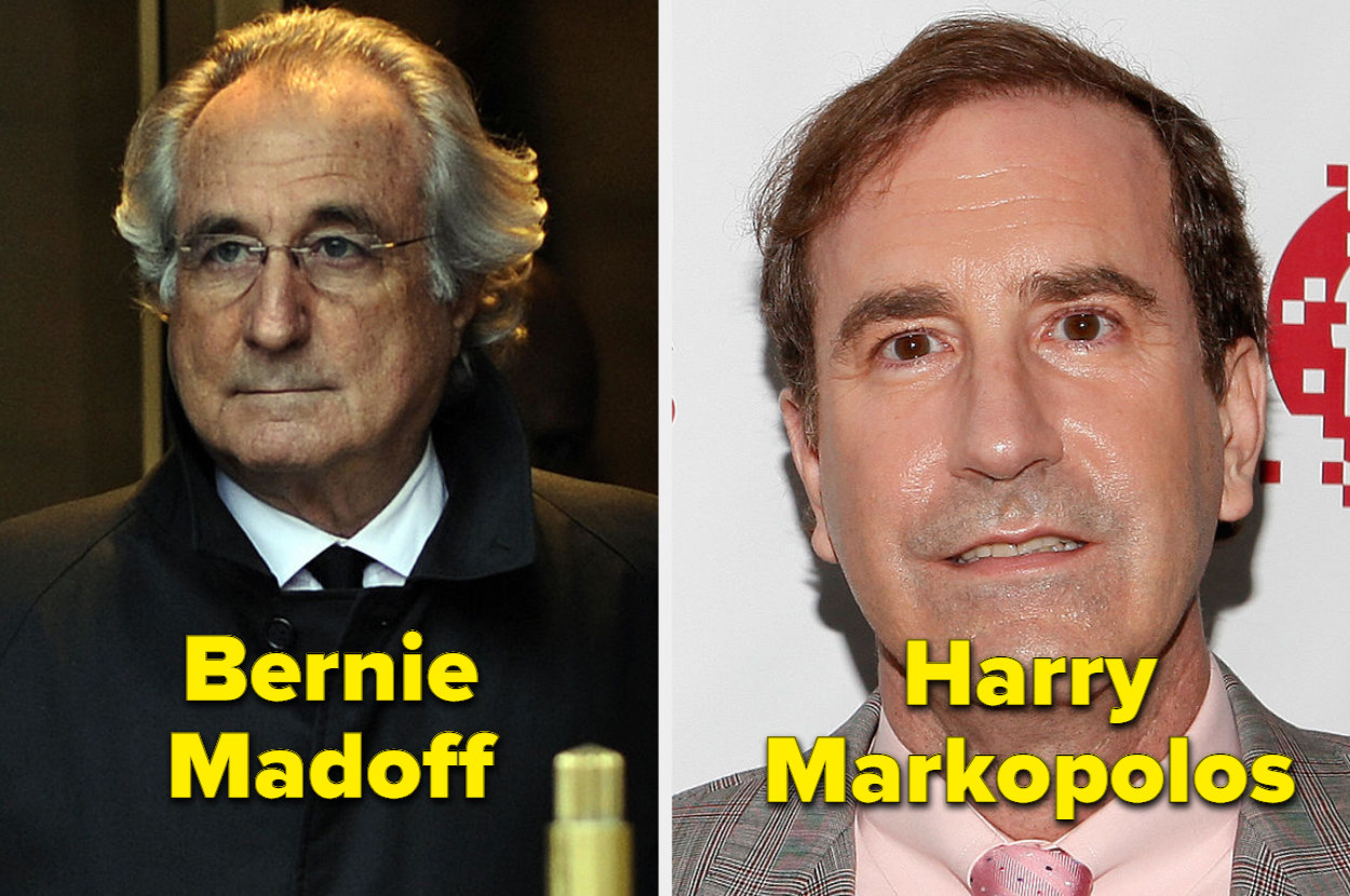 A elderly man labeled Bernie Madoff and a man in a suit labeled Harry Markopolos