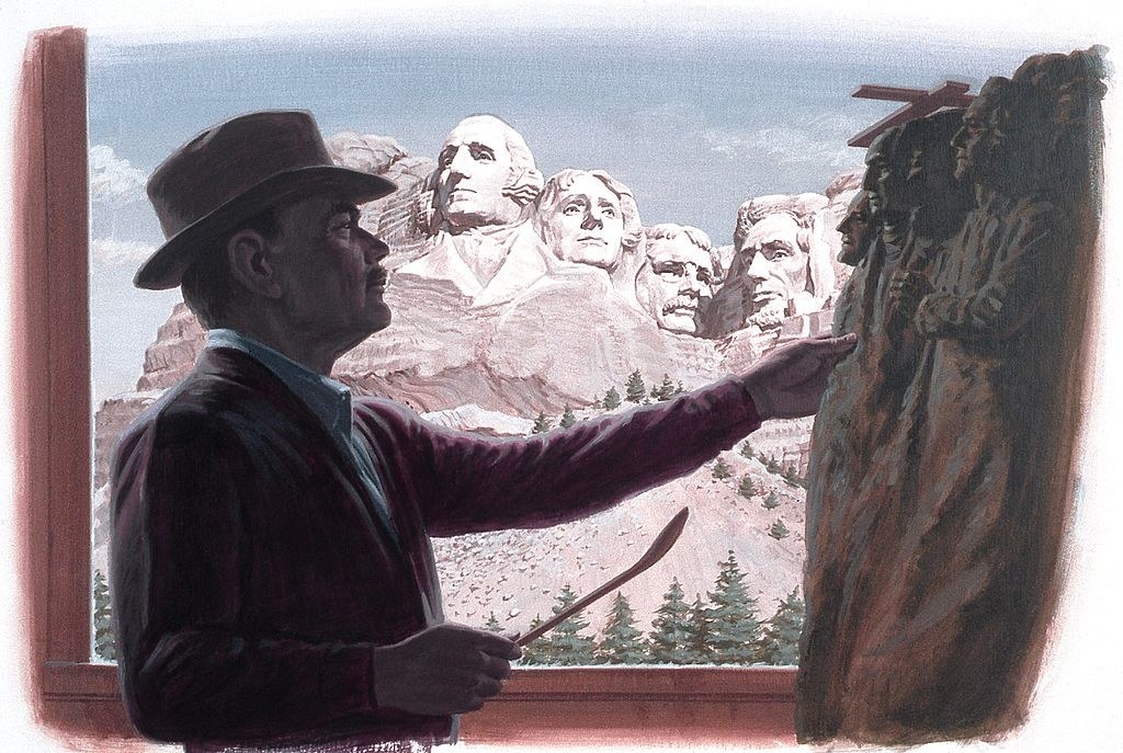 A painting of a sculptor in front of Mount Rushmore