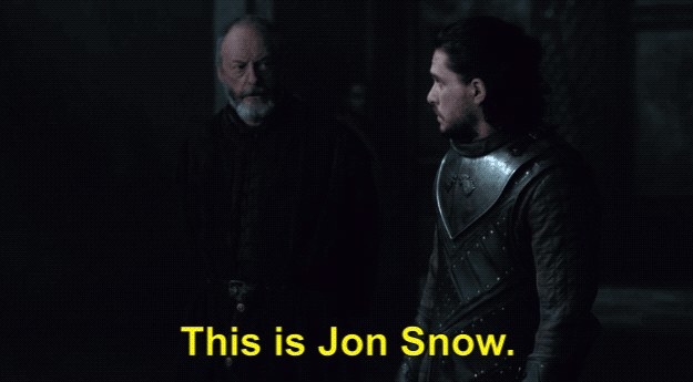 Liam Cunningham as Davos Seaworth introducing Kit Harington as Jon Snow saying &quot;this is Jon Snow&quot;