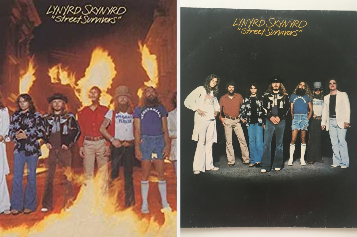 Two album covers, one with the band in flames and the other on a black background