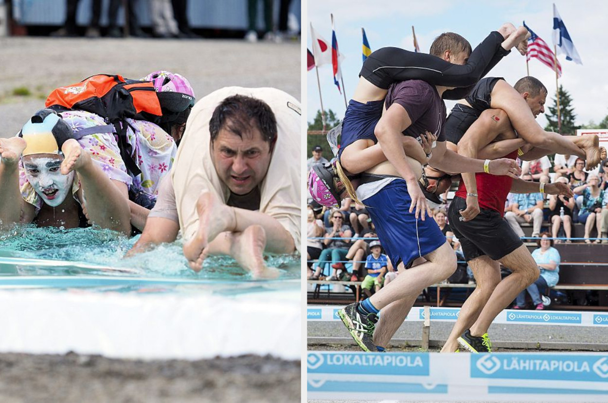 men swimming and running with their wives on their backs like a backpack