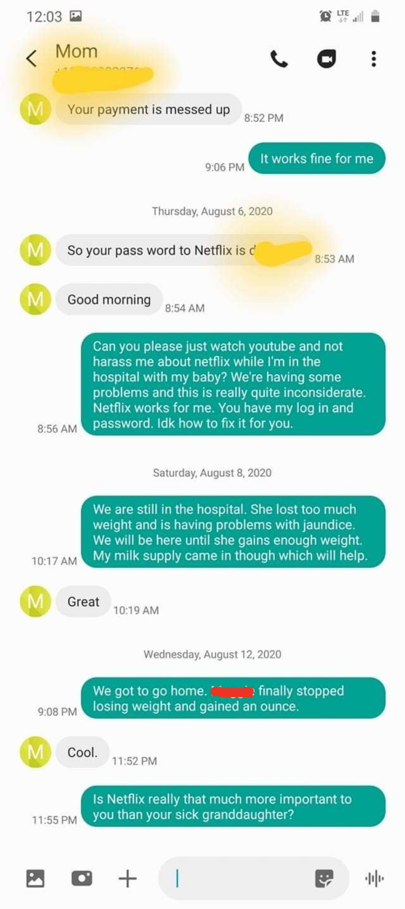 Mom asking her daughter for Netflix password and not checking in about her granddaughter&#x27;s health