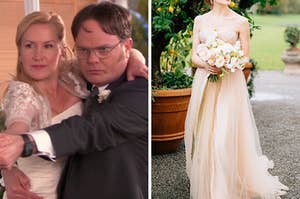 On the left, Angela and Dwight from The Office dancing at their wedding day, and on the right, a bride wearing a flowy gown