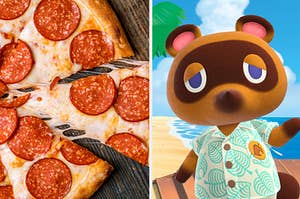 pizza on the left and tom nook on the right