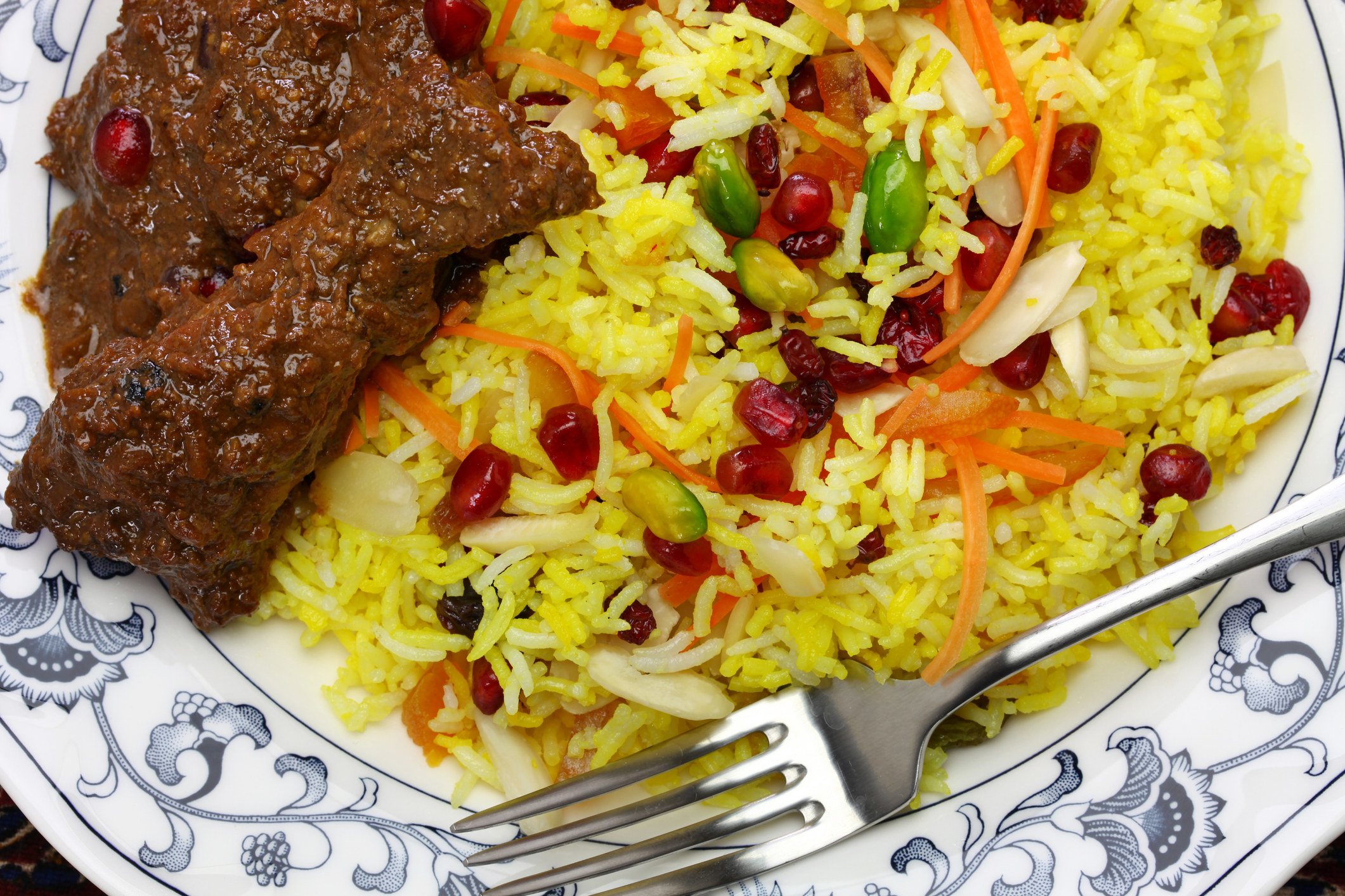 Persian jeweled rice and chicken fesenjan.