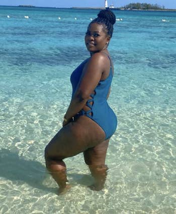 reviewer wearing the bathing suit