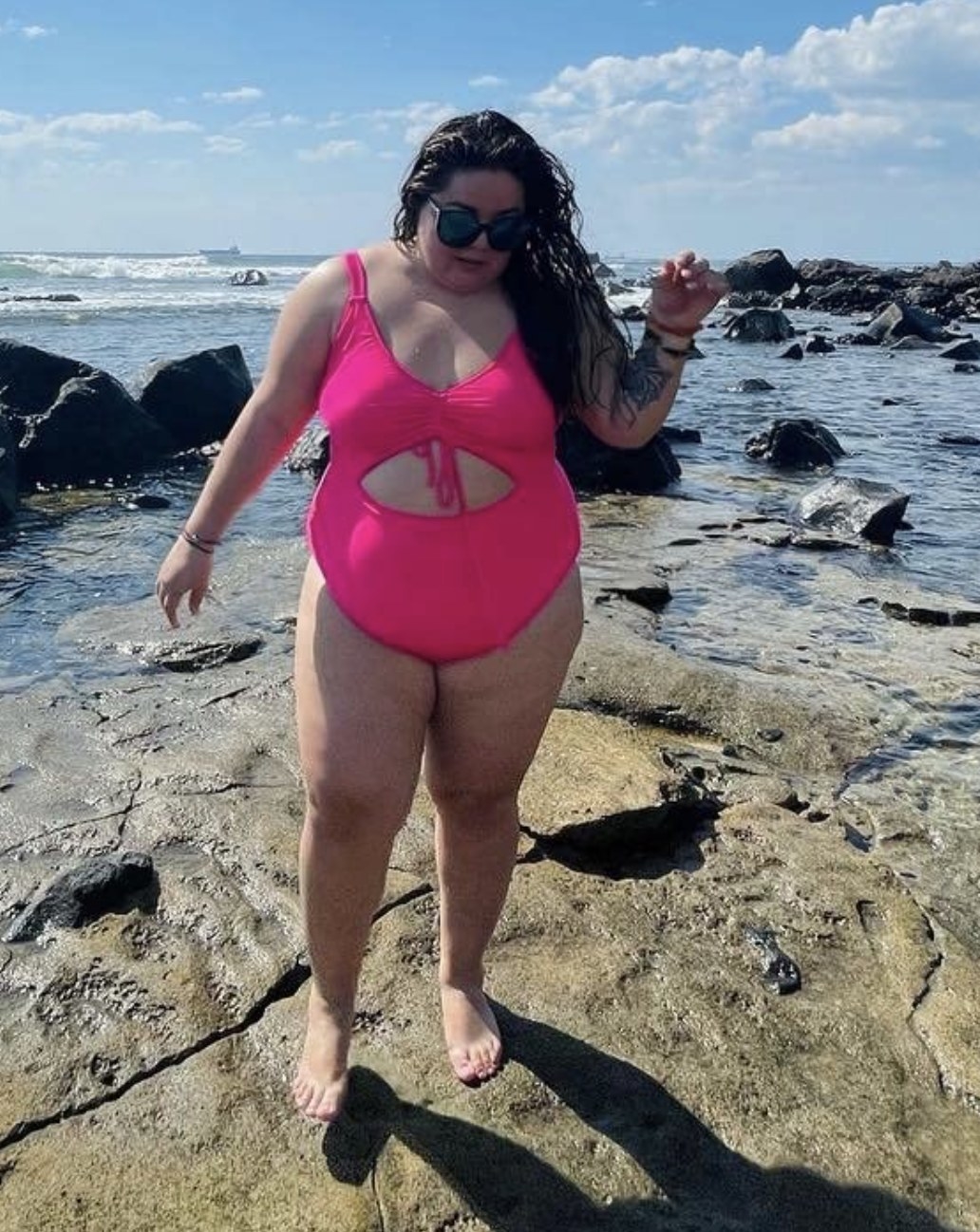 reviewer wearing the swimsuit