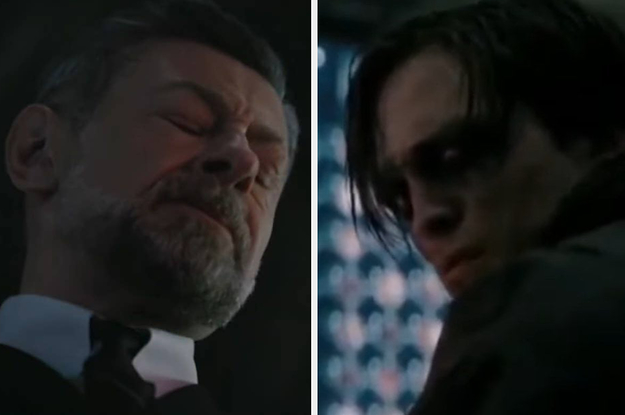 Alfred with his eyes closed in "The Batman"/Batman without his helmet in the Batcave in "The Batman"
