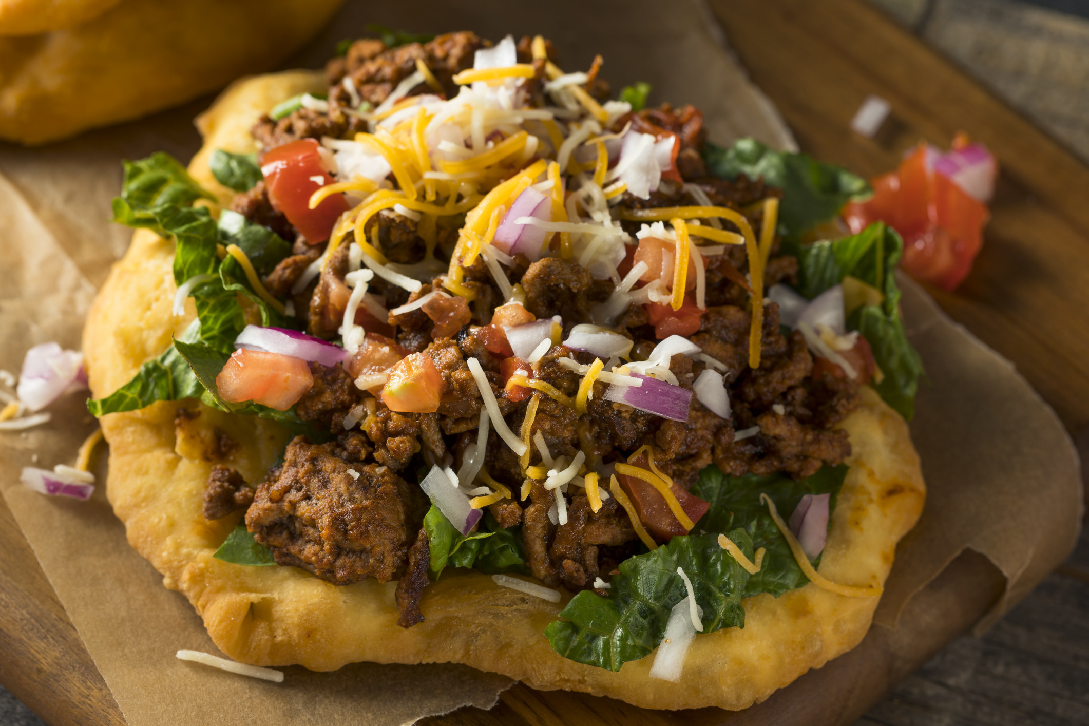 Native American fry bread with taco toppings.