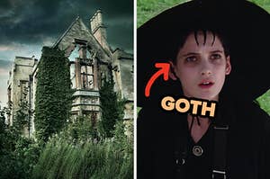 On the left, an old and decrepit home with stormy clouds looming above it, and on the right, Winona Ryder wearing a dark ensemble as Lydia in Beetlejuice with an arrow pointing to her and goth typed under her face 