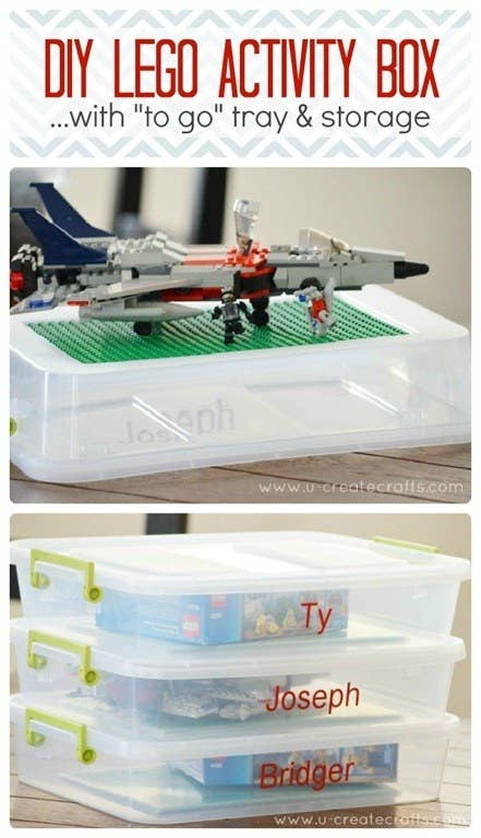 Blogger's photo of three plastic boxes holding Legos