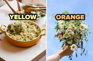 On the left, someone picking up cheesy pasta out of a pan with tongs labeled yellow, and on the right, someone holding a bouquet of wildflowers labeled orange