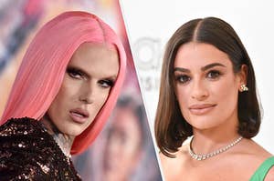 A close up of Jeffree Star with brightly colored hair and Lea Michele with short hair