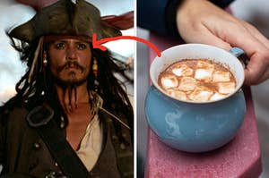A close up of Jack Sparrow as he wears a pirate hat and a hand holds a marshmallow top hot chocolate