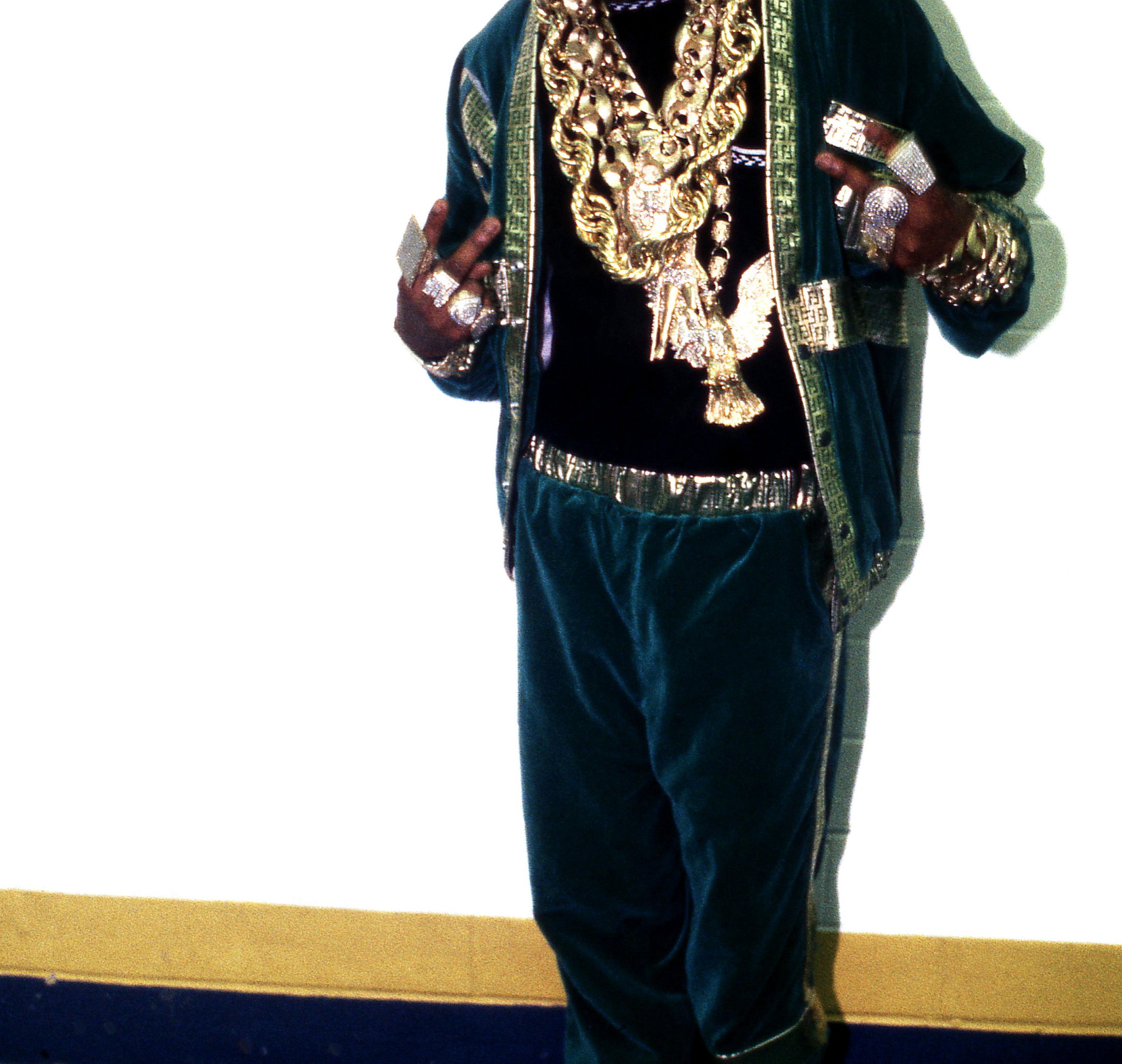 Rapper Slick Rick (Richard Martin Lloyd Walters) poses for photos backstage after his performance at The Arena in St. Louis, Missouri in August 1989