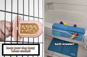 left image: dog crate training toy, right image: bath kneeler pad 