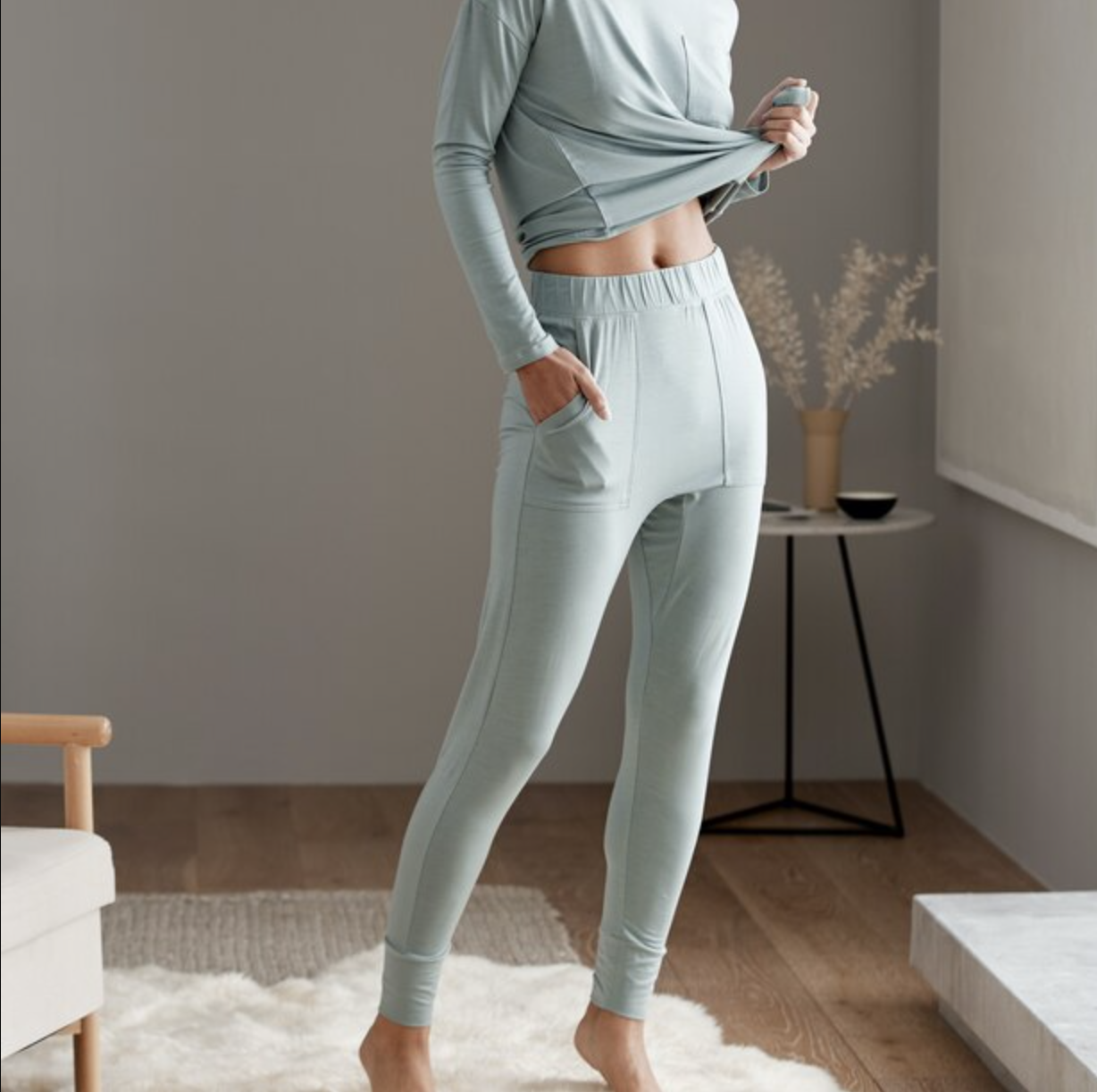 a person wearing the slim fit joggers made of eucalyptus fibres