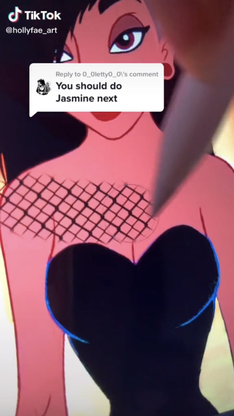 The artist changing Jasmine&#x27;s outfit to black and adding a fishnet top