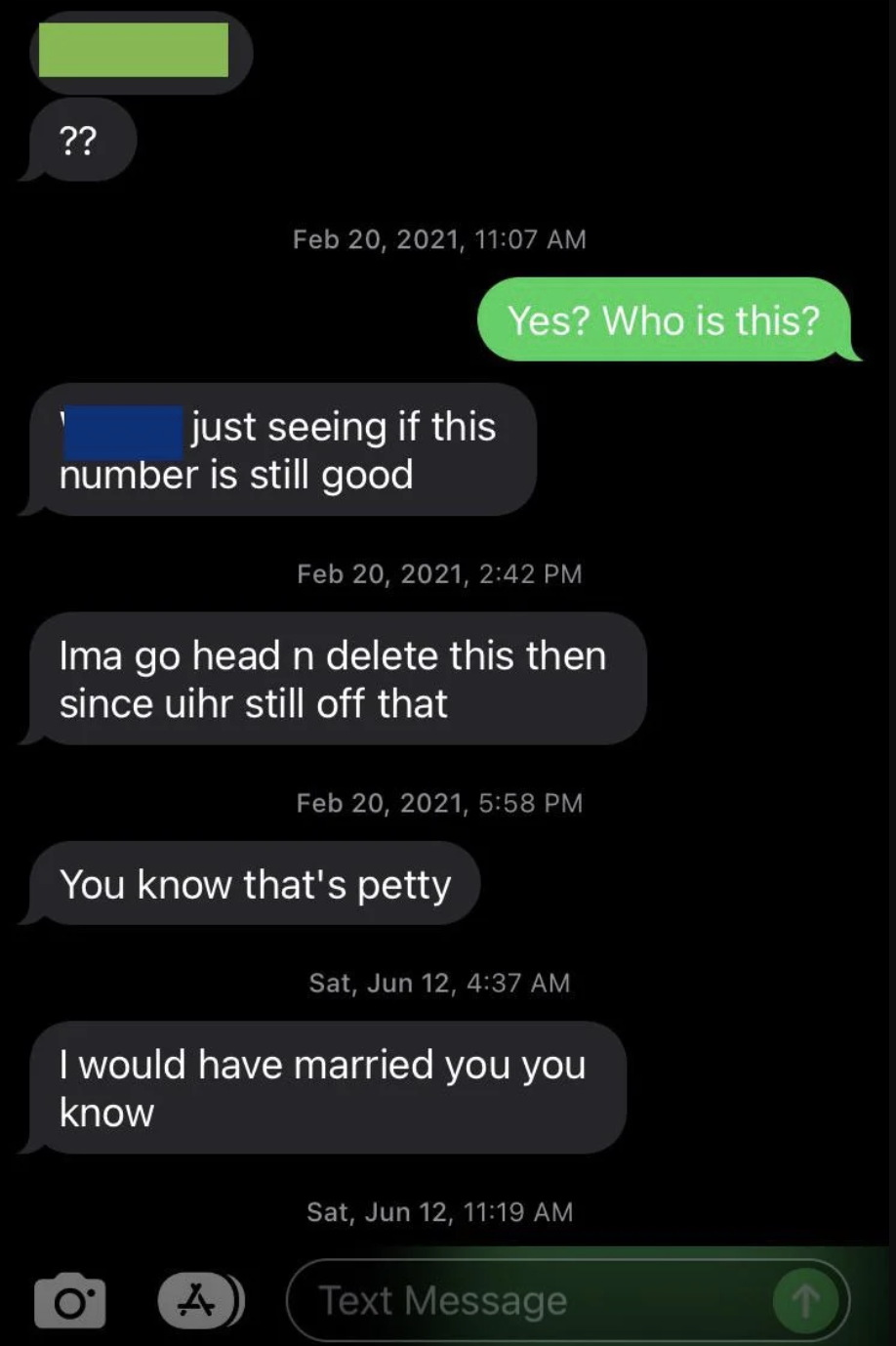 Text from a man calling a woman &quot;petty&quot; and saying &quot;I would have married you you know&quot;