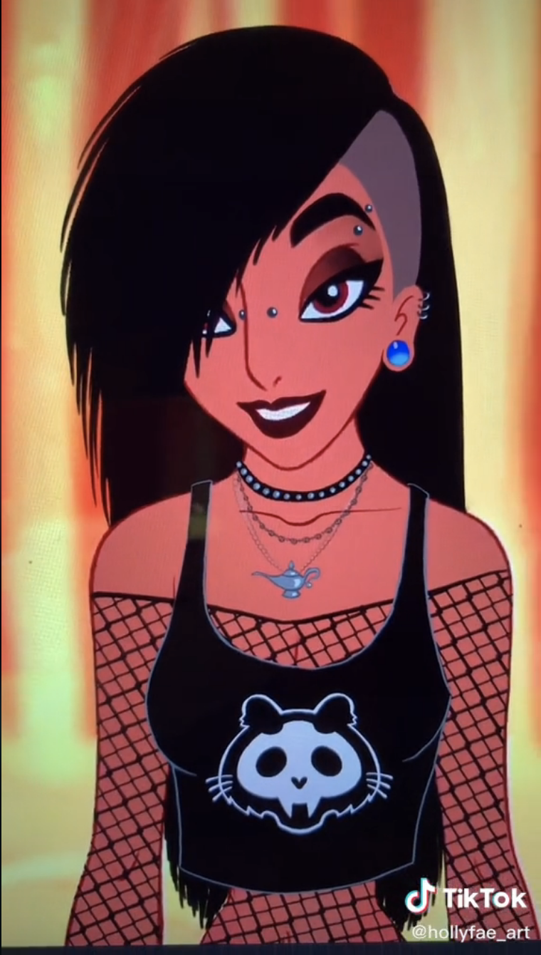 The finished emo Jasmine, complete with a genie lamp necklace, multiple facial piercings, and large blue ear gauges