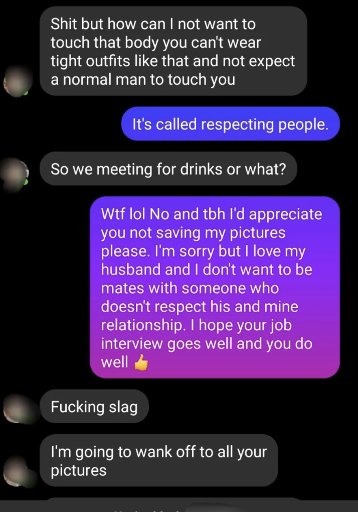 Text from man calling woman &quot;fucking slag. I&#x27;m going to wank off to all your pictures.&quot;