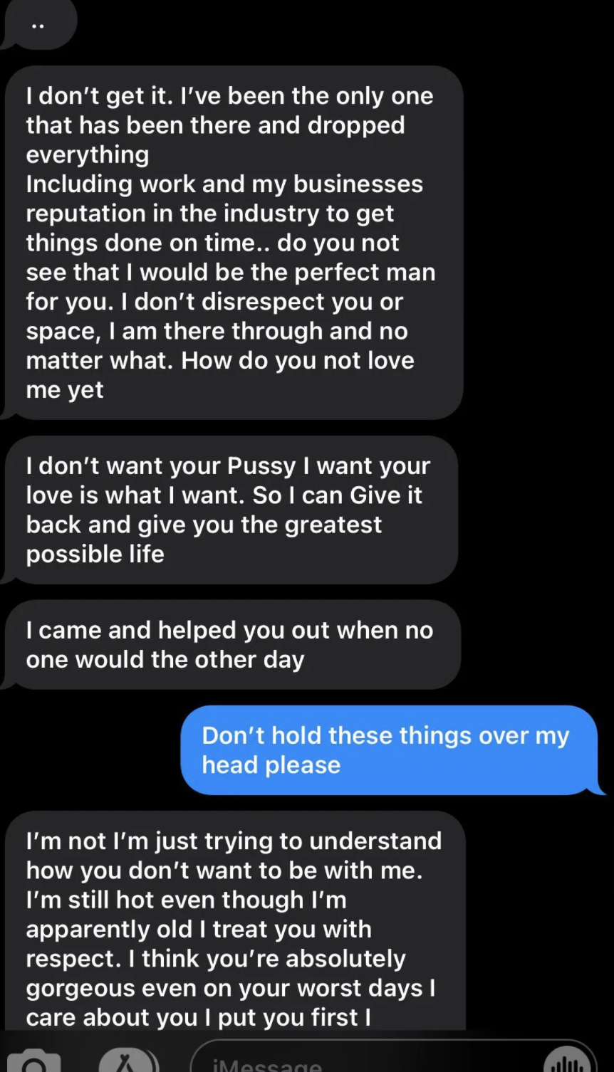 Text from man telling woman &quot;I&#x27;m still hot even though apparently old I treat you with respect. I think you&#x27;re absolutely gorgeous even on your worst days I care about you I put you first...&quot;
