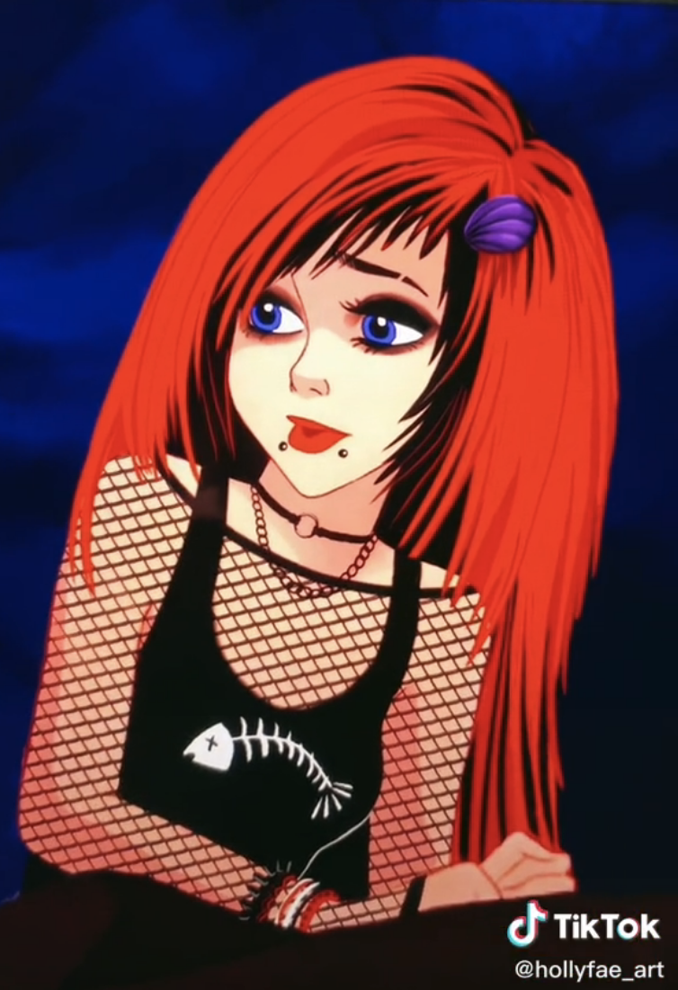 The finished emo Ariel, who is wearing a fishnet top with a blank tank top and has straightened hair with emo bangs