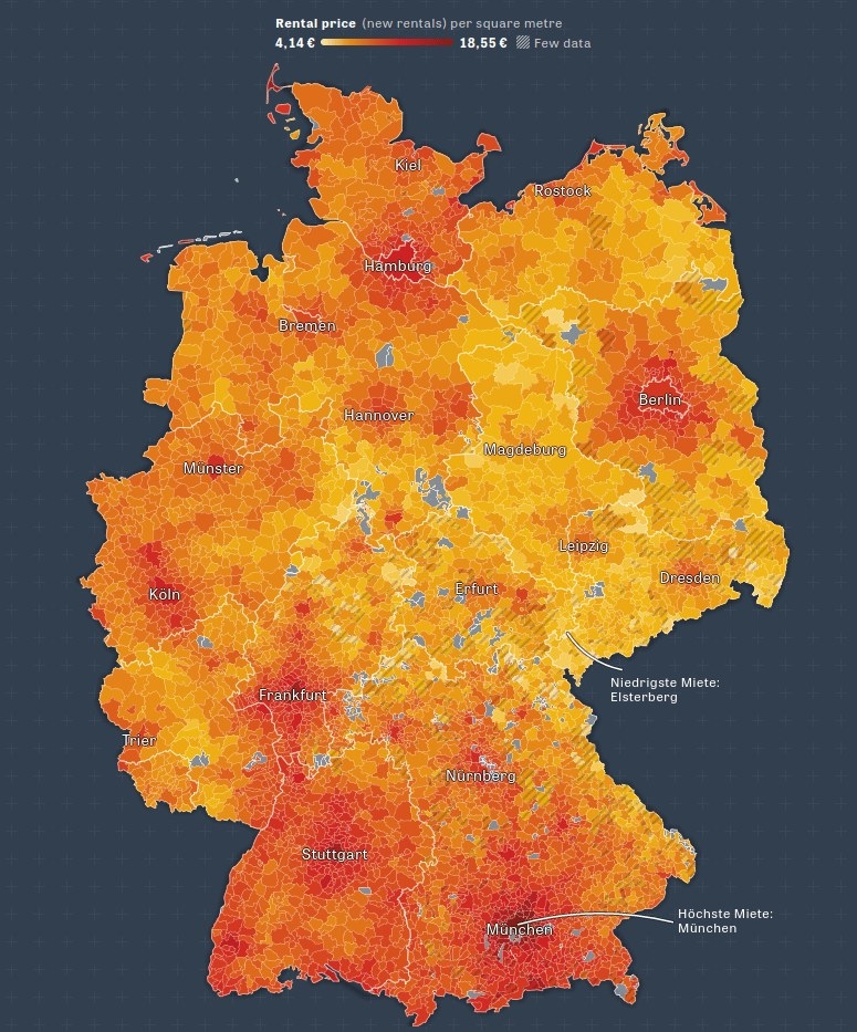 Rental price pro square meter in the German states.