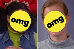 Two TV stills show two women in separate TV shows with their identities obscured by yellow BuzzFeed badges