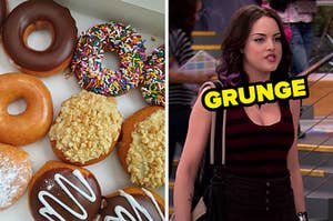 On the left, a box of various donuts, and on the right, Jade from Victorious labeled grunge