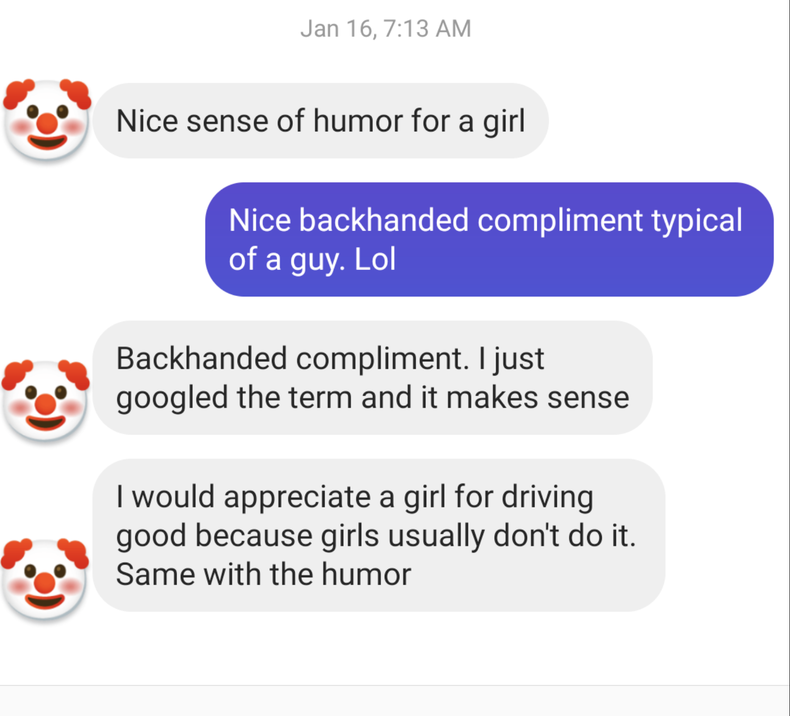 Text from man telling woman &quot;I would appreciate a girl for driving good because girls usually don&#x27;t do it. Same with the humor.&quot;