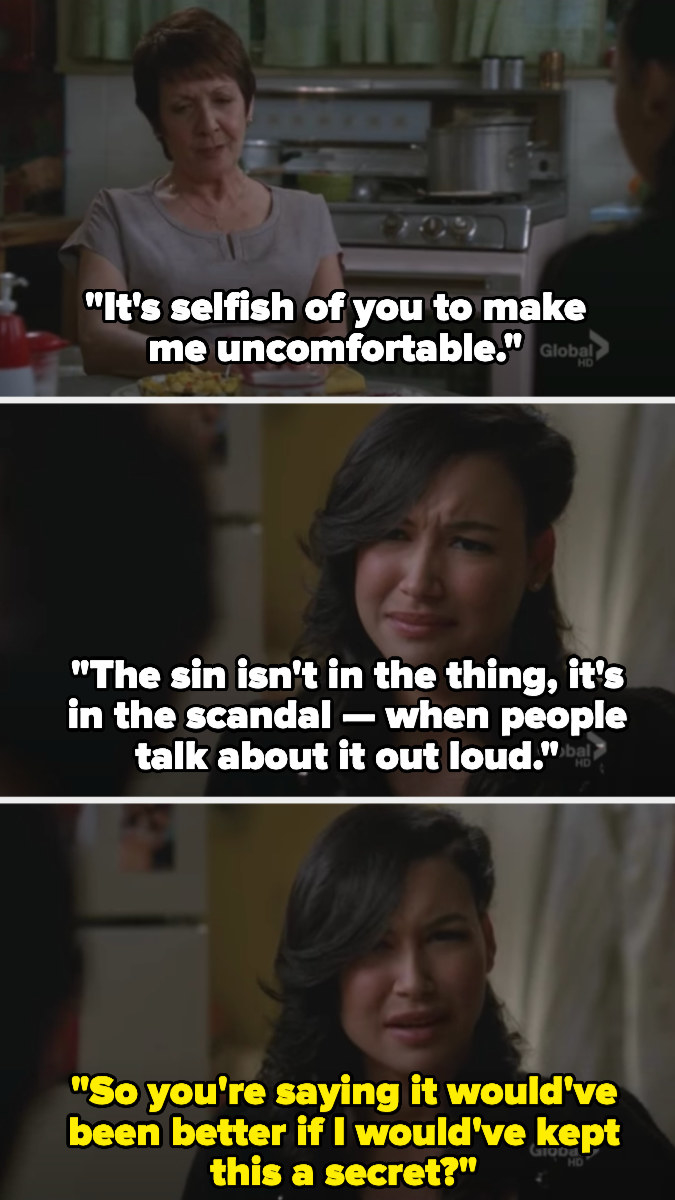 on glee, santana&#x27;s grandma says it was selfish for her to come out and make her uncomfortable, and that santana should&#x27;ve kept it a secret