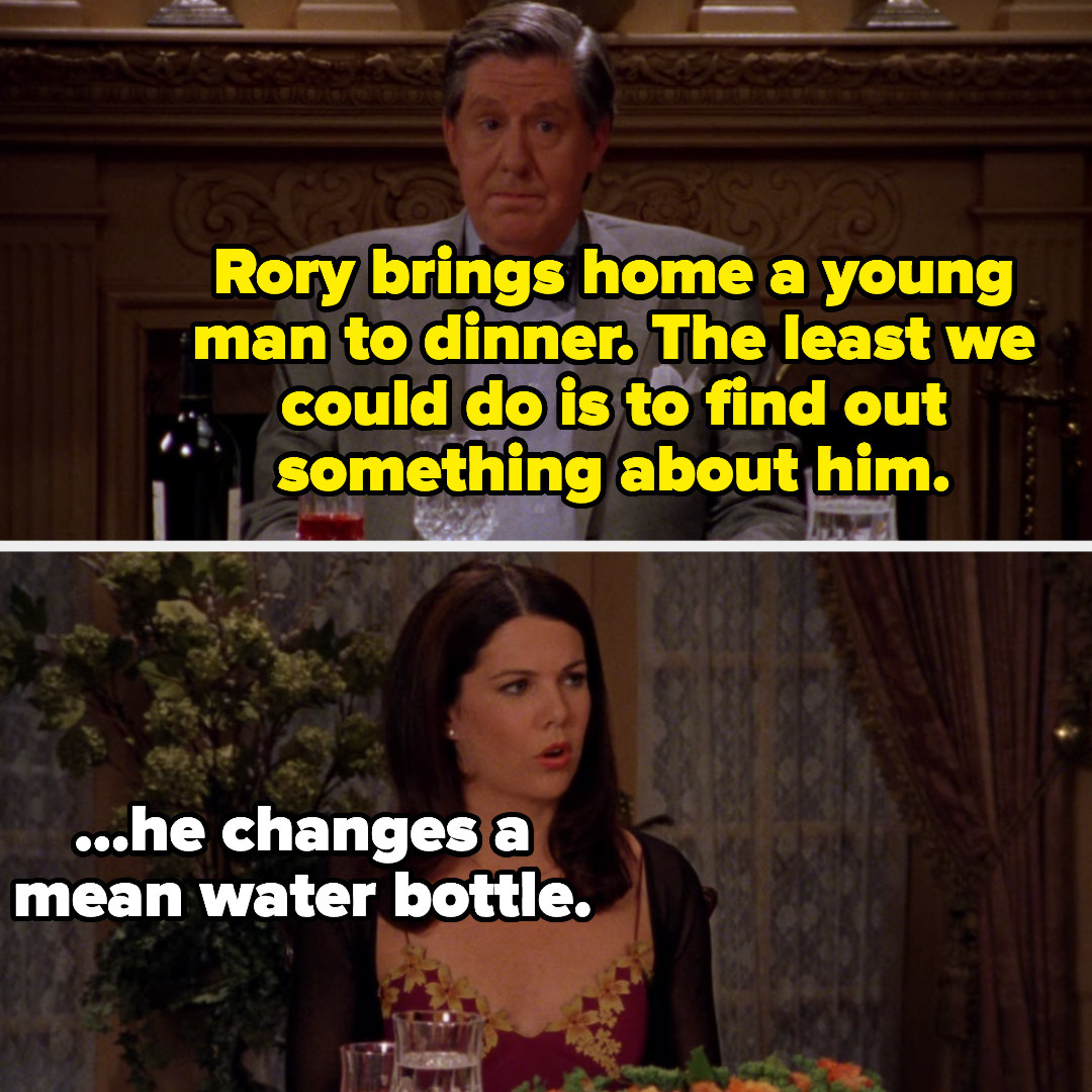 Lorelai defends dean to richard by saying, &quot;he changes a mean water bottle&quot;