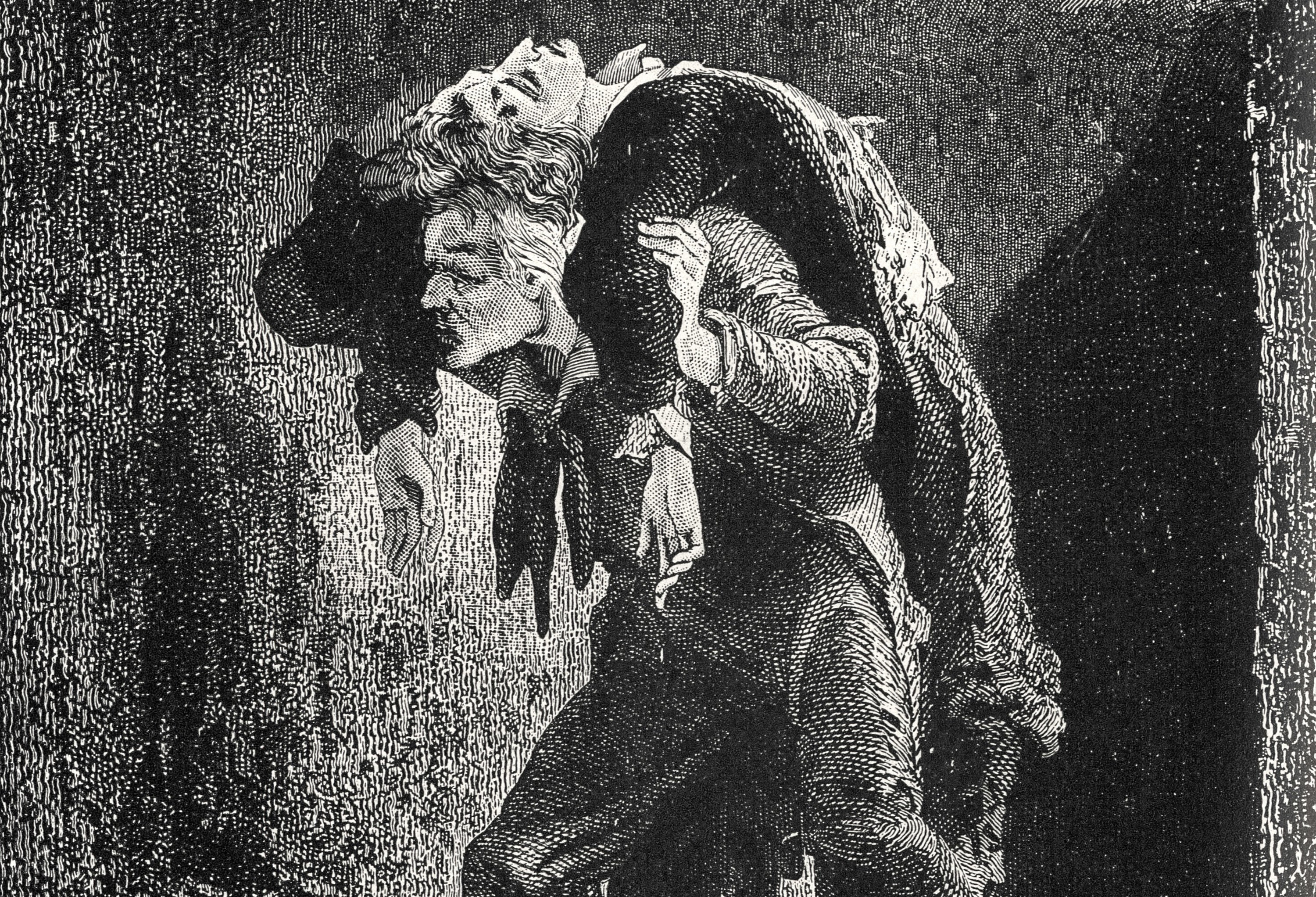 A drawing of Jean Valjean carrying Marius from Les Misérables
