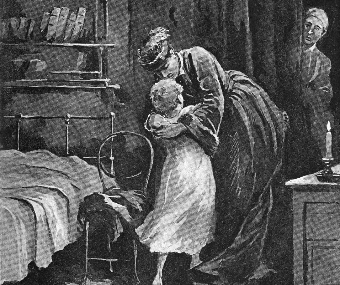 An illustration of a scene from Anna Karenina where a child holds onto an adult
