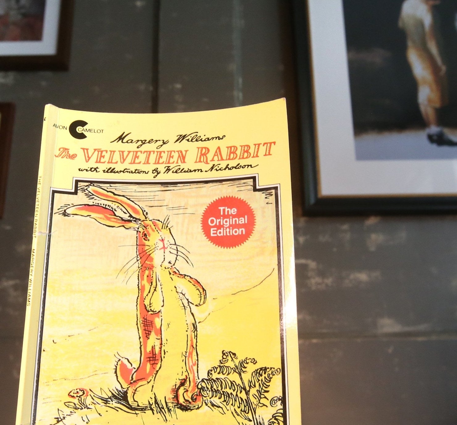 An original edition of The Velveteen Rabbit standing on a table