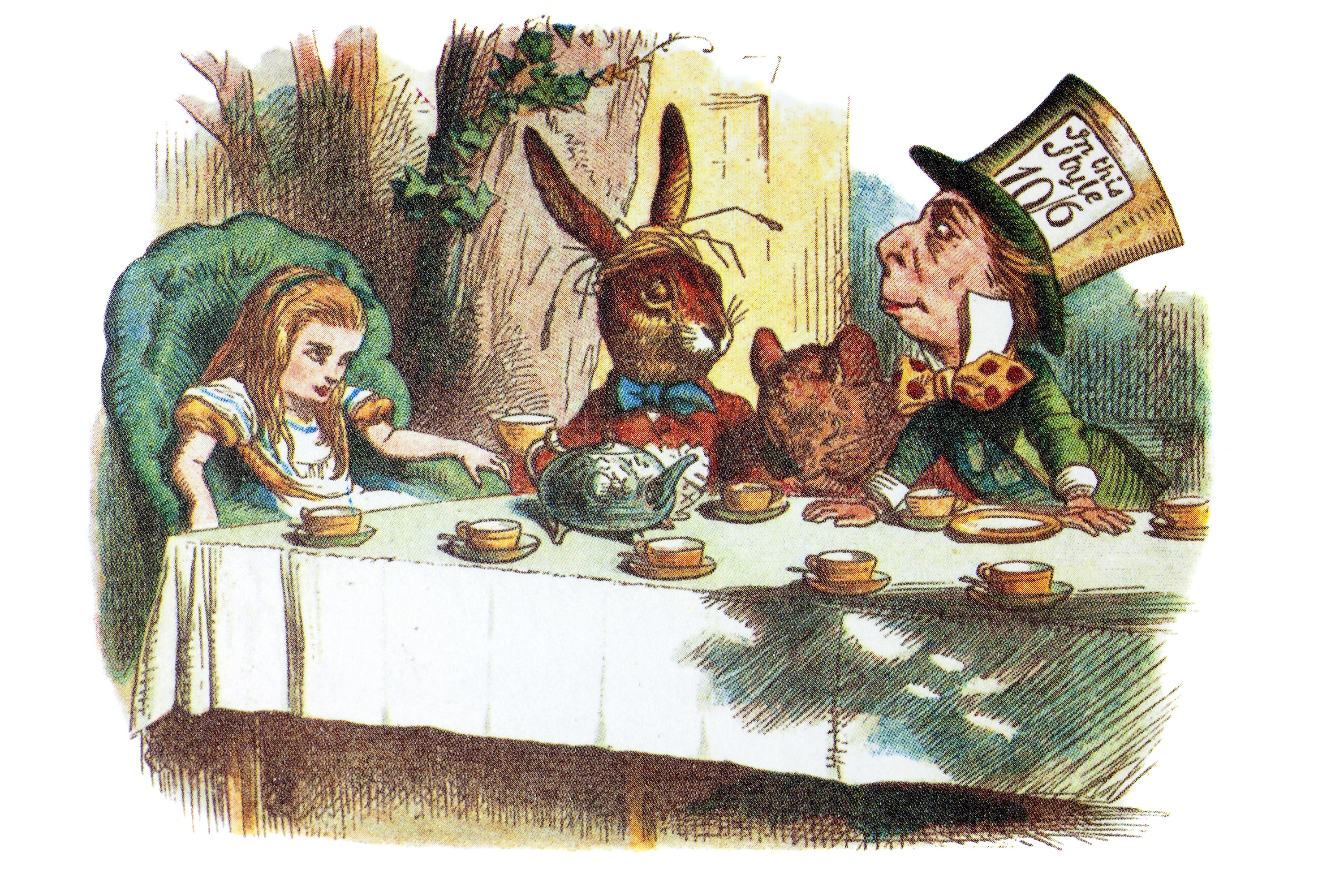An illustration of Alice, the White Rabbit, and the Mad Hatter having tea