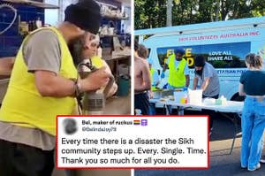 Left: A volunteer cooking food using a stick mixer; Right: Sikh Volunteers Australia handing out food to people at Lismore