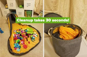 L: yellow playmat with lego bricks on it R: the playmat rolled into its bin