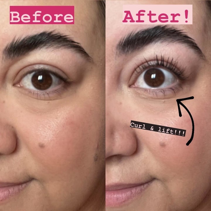 A before and after of Bianca's eyelashes with and without the mascara on