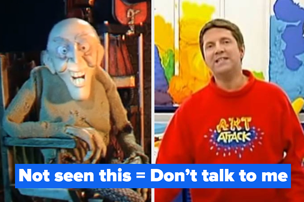 An old man character, sitting in a wooden rocking chair dressed all in beige. A man wearing a red jumper with "Art Attack" on the front. 