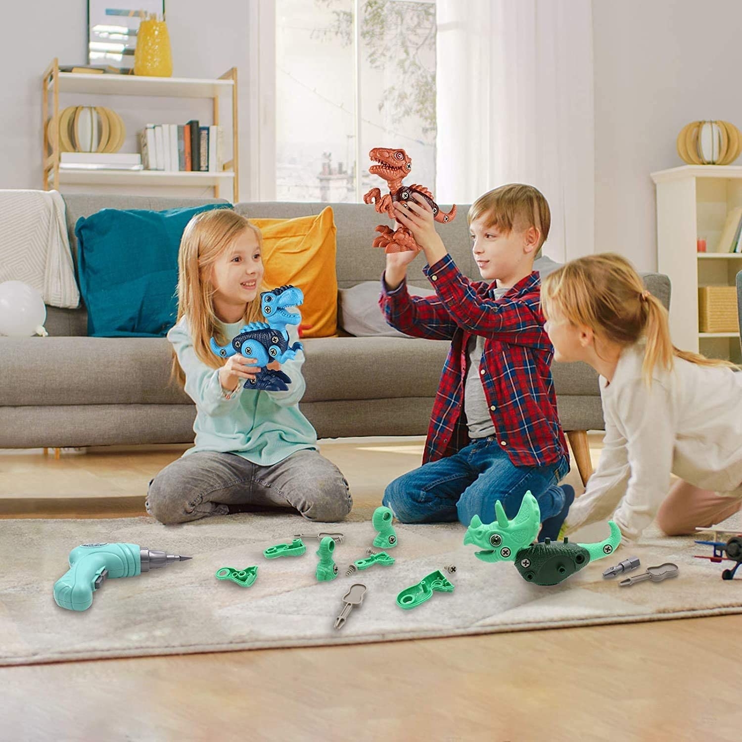 kids playing with dinosaur toys