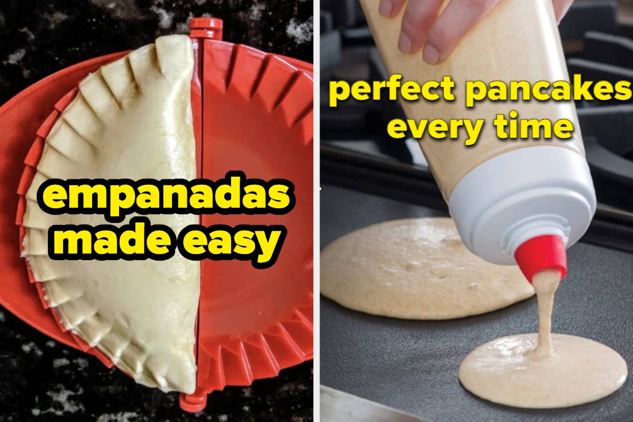 a reviewer's empanada maker; a model using a pancake batter dispenser