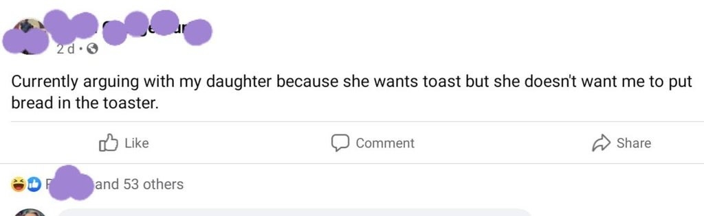 Kid argues because she wants toast but doesn&#x27;t want her parent to put bread in the toaster