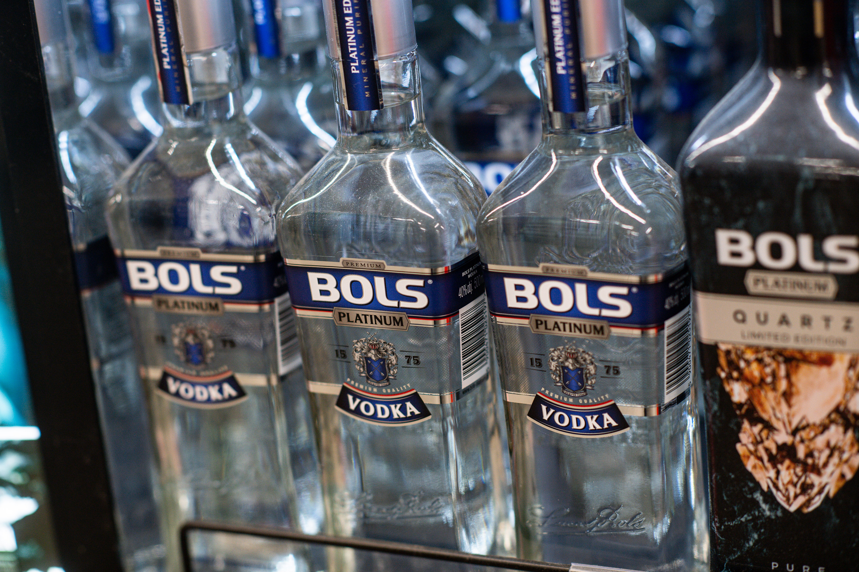 Several containers of Bols vodka at a Polish grocery store