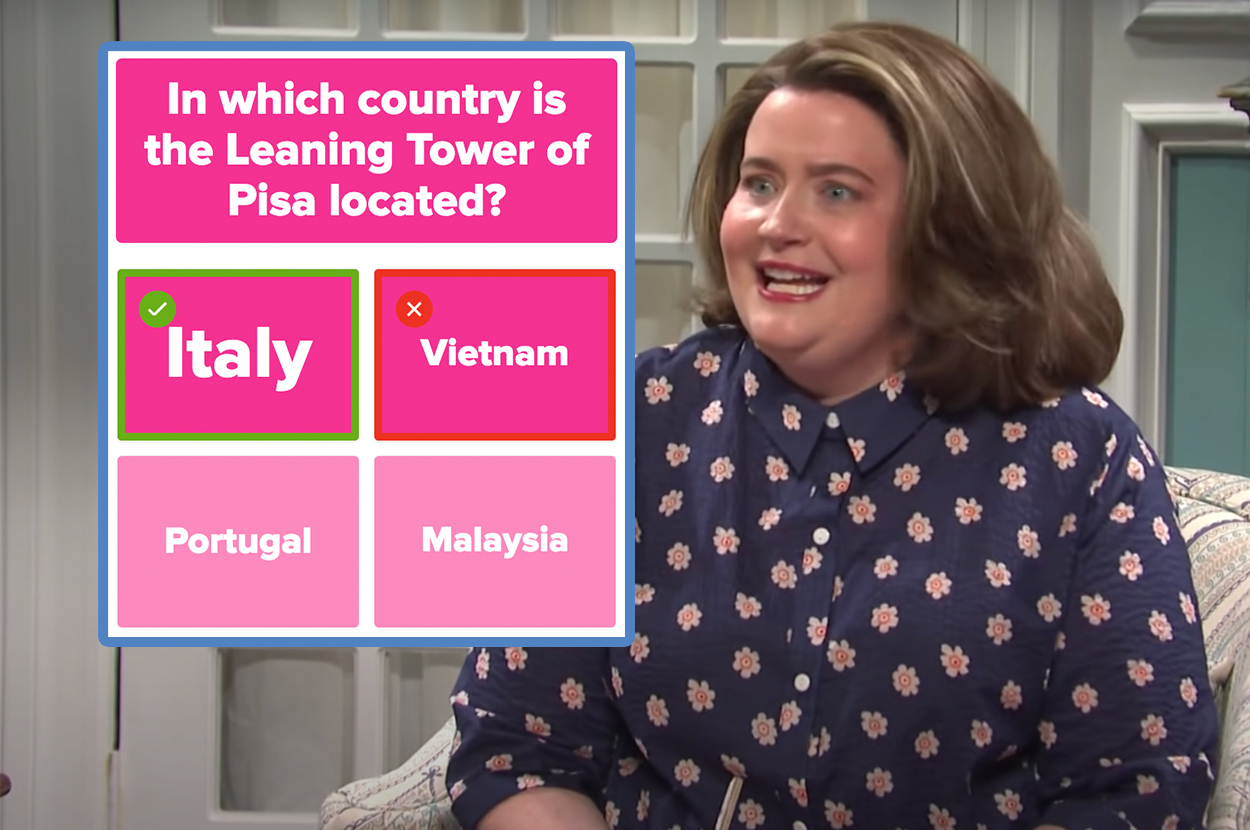 Aidy Bryant opening her eyes wide in distress in an SNL sketch next to a screenshot of the question in which country is the Leaning Tower of Pisa located